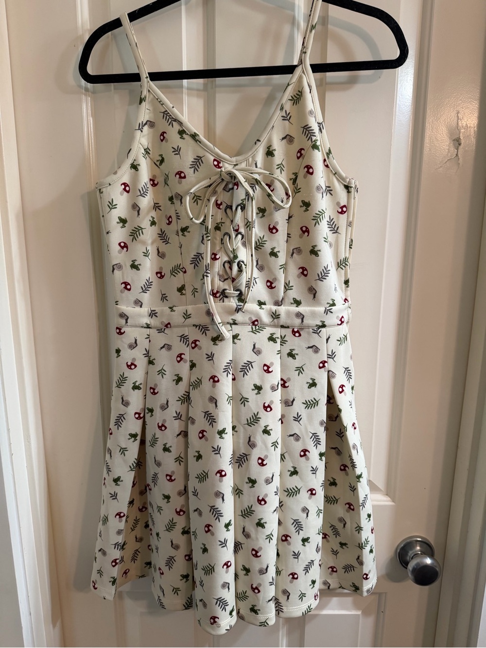 Hot Topic Cream Floral Lace-Up Skater Dress with Red and Green Print